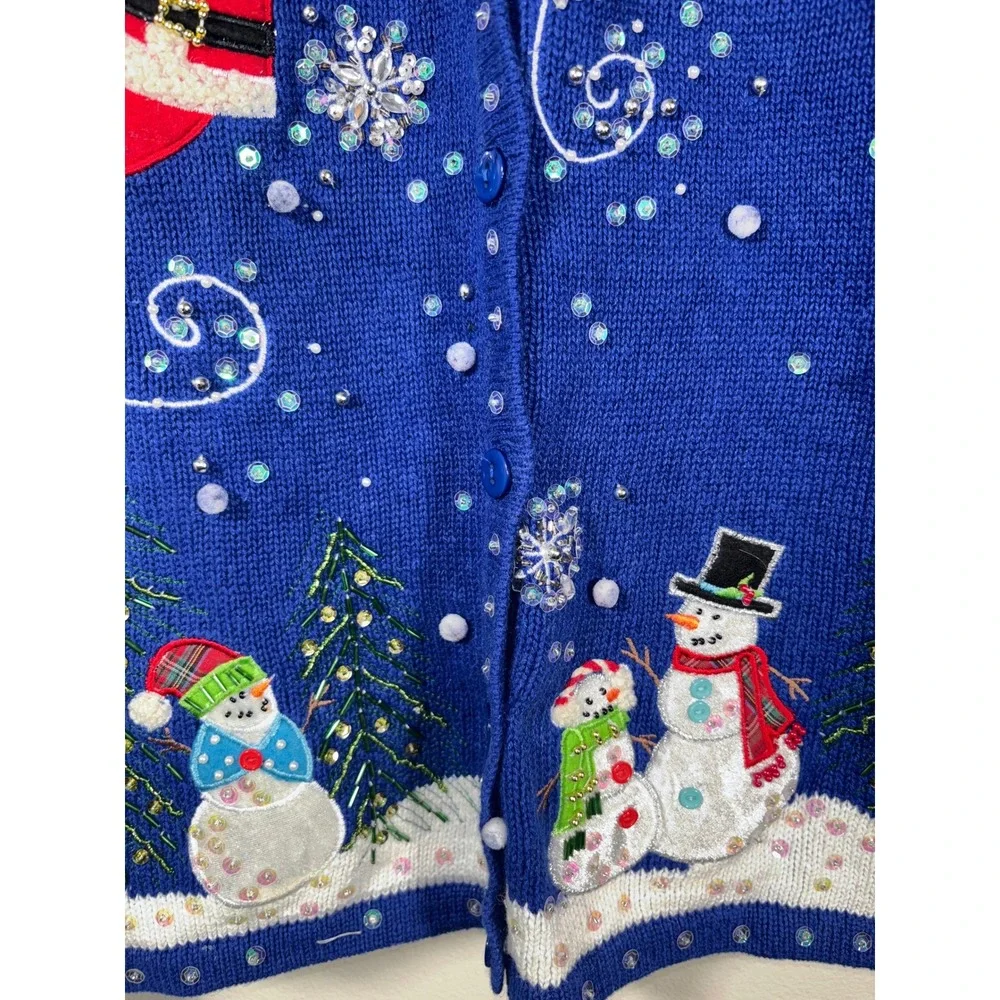 Kim Rogers Christmas Cardigan‎ Women Sz L Blue Santa Snowman Beaded Ugly Sweater
